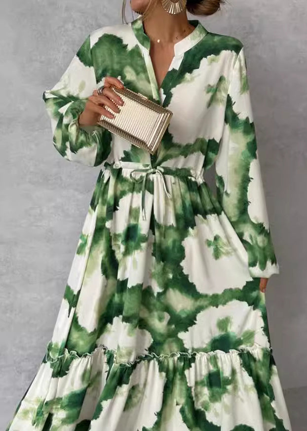 Boho Green Ruffled Print Cotton Ankle Dress Lantern Sleeve