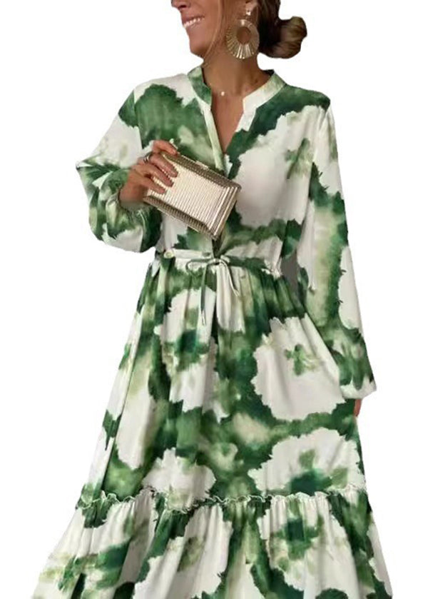 Boho Green Ruffled Print Cotton Ankle Dress Lantern Sleeve