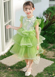 Boho Green Sequins Chinese Button Tulle Kids Girls Dresses Butterfly Sleeve