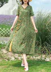 Boho Green Stand Collar Chinese Button Print Linen Dress Summer