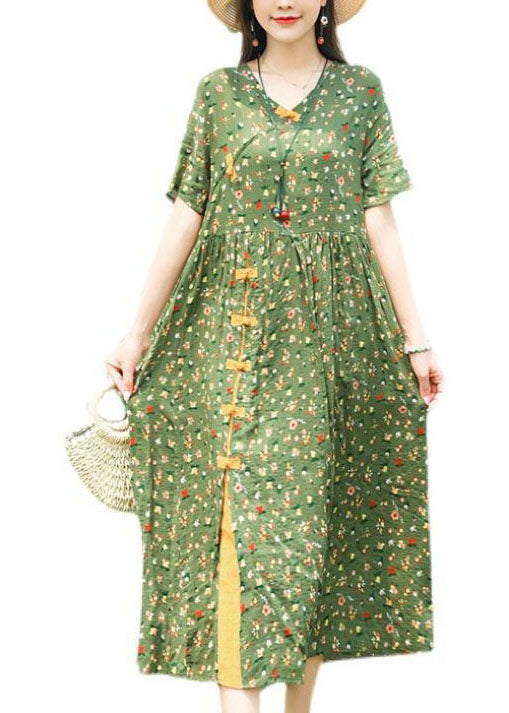 Boho Green Stand Collar Chinese Button Print Linen Dress Summer