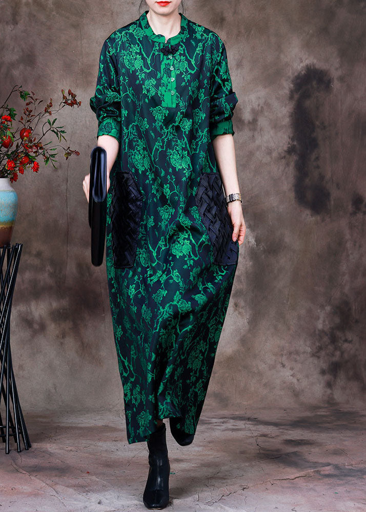 Boho Green Stand Collar Jacquard Patchwork Silk Long Dress Long Sleeve