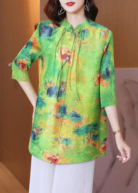 Boho Green Stand Collar Print Tassel Shirt Bracelet Sleeve