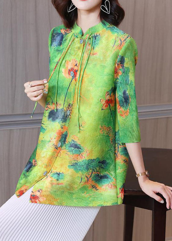 Boho Green Stand Collar Print Tassel Shirt Bracelet Sleeve