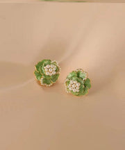 Boho Green Sterling Silver Copper Pearl Floral Stud Earrings