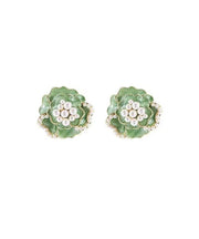 Boho Green Sterling Silver Copper Pearl Floral Stud Earrings