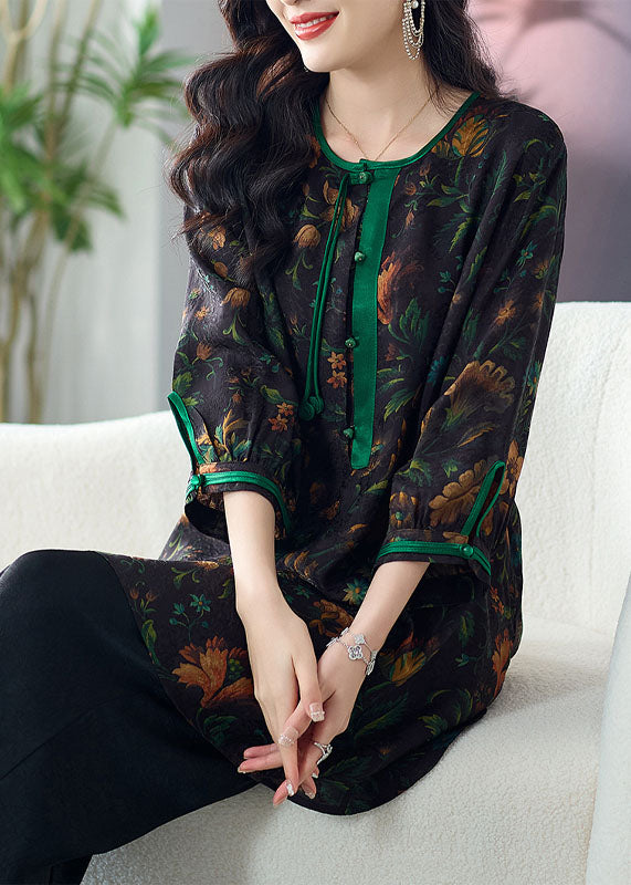 Boho Green Tasseled Print Button Patchwork Silk Top Summer