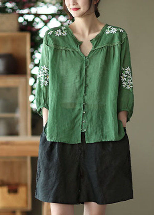 Boho Green V Neck Floral Embroideried Linen Top Bracelet Sleeve