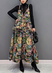 Boho Green V-Neck Floral Print Ruffles Cotton Dresses Two Pieces Set Winter