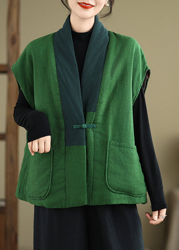 Boho Green V Neck Pockets Patchwork Fine Cotton Filled Vest Winter