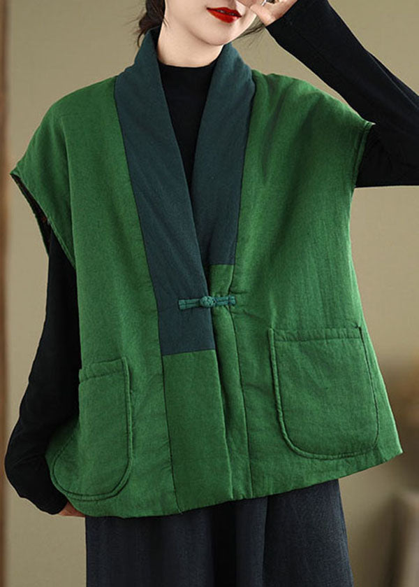 Boho Green V Neck Pockets Patchwork Fine Cotton Filled Vest Winter