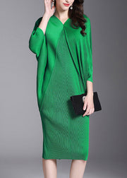 Boho Green V-Neck Wrinkled Hip Dress Half Sleeve