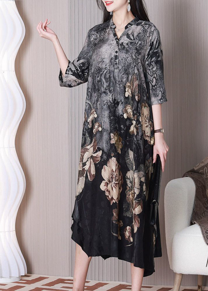 Boho Grey Asymmetrical Design Print Silk Dresses Half Sleeve