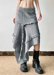 Boho Grey Asymmetrical Design Ruffled Knit Skirts Spring