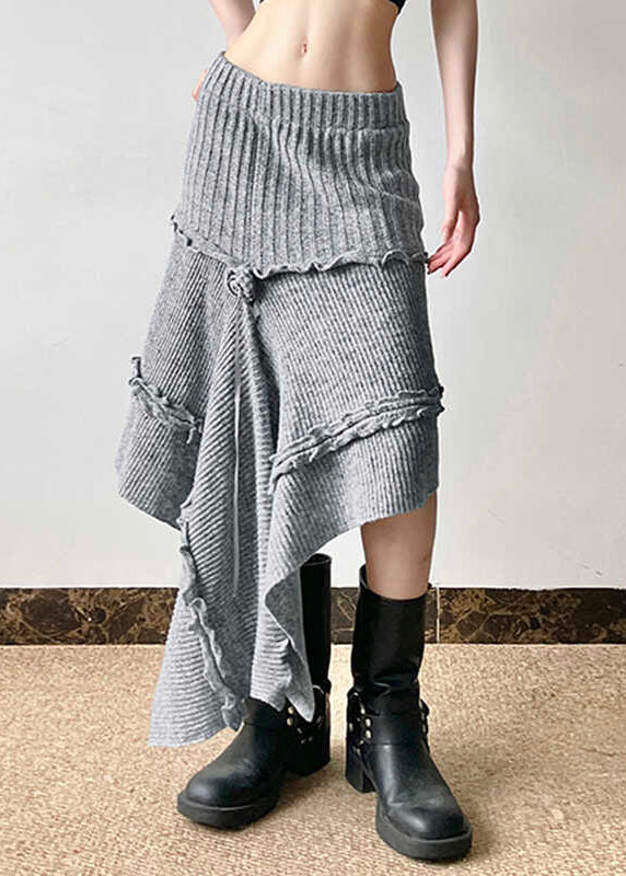 Boho Grey Asymmetrical Design Ruffled Knit Skirts Spring