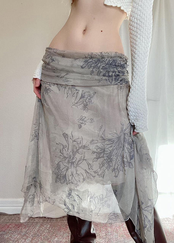 Boho Grey Asymmetrical Print Patchwork Chiffon Skirt Summer