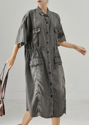 Boho Grey Cinched Denim Holiday Dress Summer