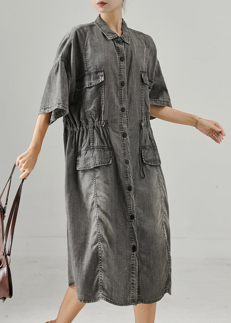 Boho Grey Cinched Denim Holiday Dress Summer