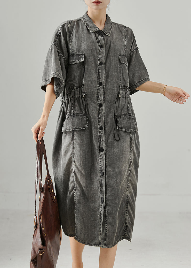 Boho Grey Cinched Denim Holiday Dress Summer