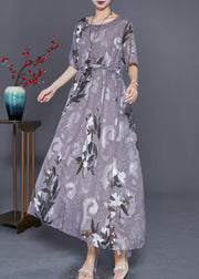 Boho Grey Cinched Print Chiffon Long Dresses Summer