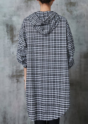 Boho Grey Hooded Plaid Linen Long Shirt Summer