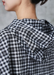 Boho Grey Hooded Plaid Linen Long Shirt Summer