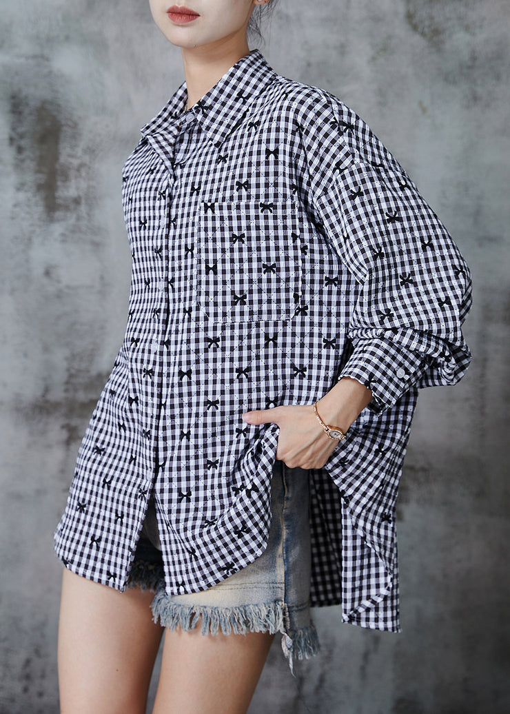 Boho Grey Oversized Plaid Cotton Shirt Top Fall