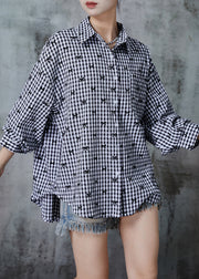 Boho Grey Oversized Plaid Cotton Shirt Top Spring