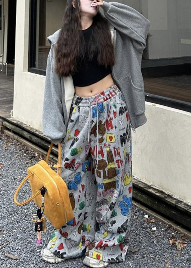 Boho Grey Oversized Print Cotton Wide Leg Pants Spring