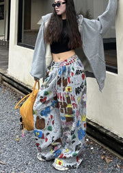 Boho Grey Oversized Print Cotton Wide Leg Pants Spring