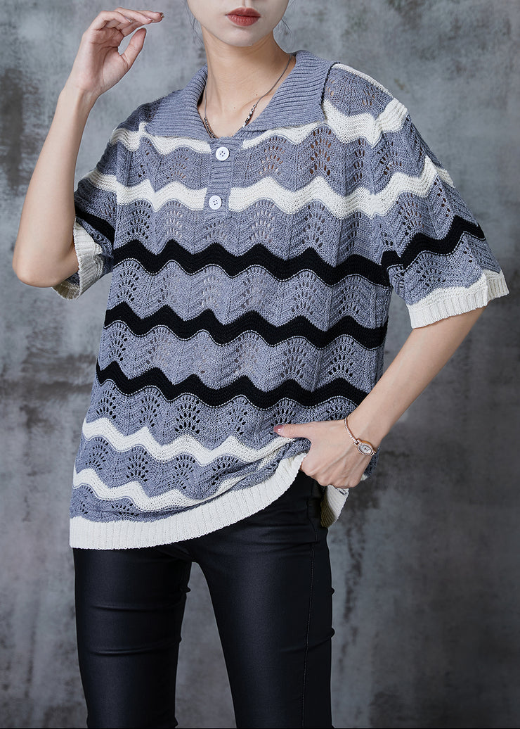 Boho Grey Striped Hollow Out Knit Top Summer