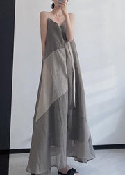 Boho Grey V Neck Asymmetrical Design Patchwork Linen Spaghetti Strap Dress Sleeveless