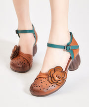 Boho Hollow Out Floral Chunky Heel Buckle Strap Brown Cowhide Leather
