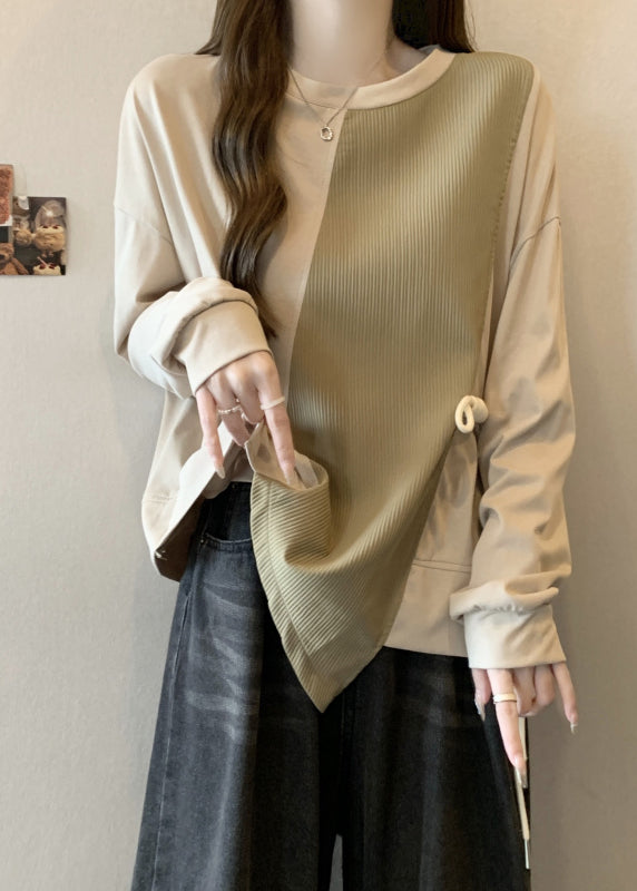 Boho Khaki Asymmetrical Patchwork Cotton Sweatshirt Fall