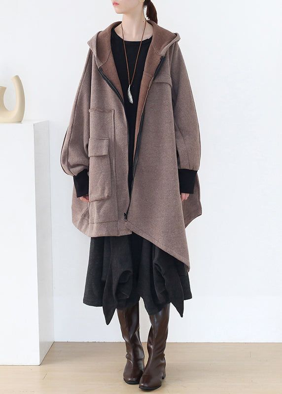 Boho Khaki Asymmetrical Patchwork Zippered Thick Cotton Hoded Coats Fall