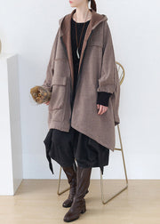 Boho Khaki Asymmetrical Patchwork Zippered Thick Cotton Hoded Coats Fall