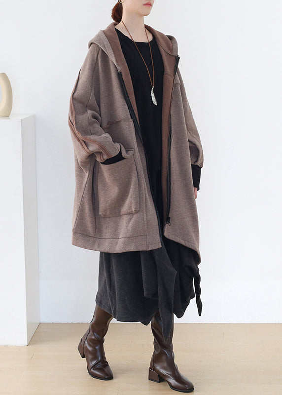 Boho Khaki Asymmetrical Patchwork Zippered Thick Cotton Hoded Coats Fall