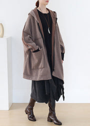 Boho Khaki Asymmetrical Patchwork Zippered Thick Cotton Hoded Coats Fall