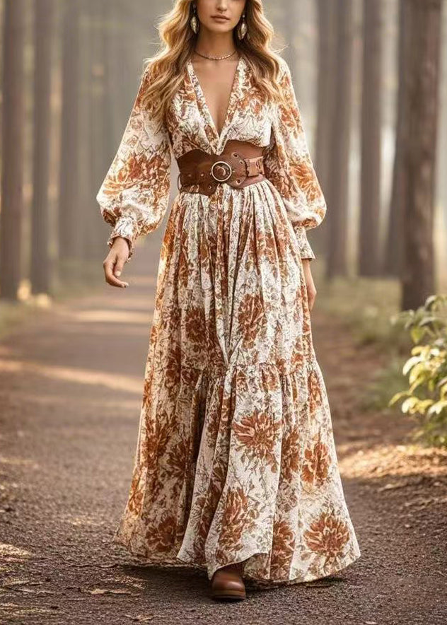 Boho Khaki Cinched Print Cotton Maxi Dresses Spring