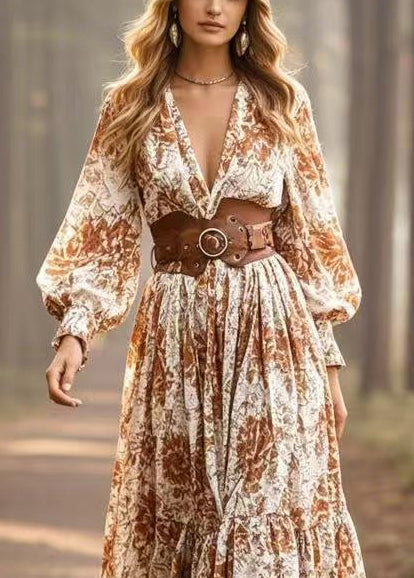 Boho Khaki Cinched Print Cotton Maxi Dresses Spring