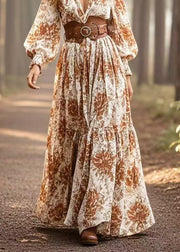 Boho Khaki Cinched Print Cotton Maxi Dresses Spring