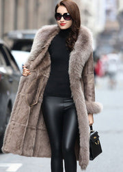 Boho Khaki Fox Collar Cinched Fuzzy Rabbit Leather And Fur Coats Winter