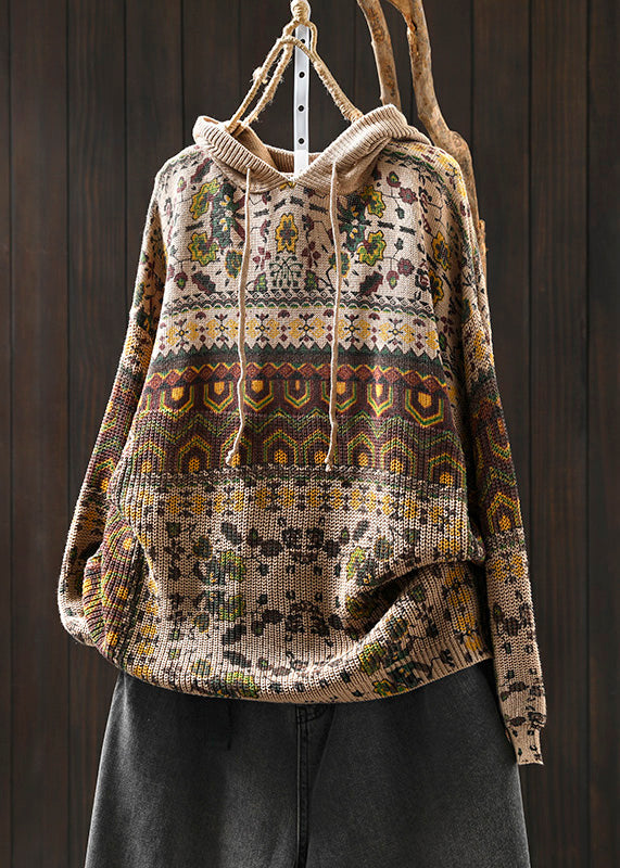 Boho Khaki Hooded Print Cotton Knit Sweater Tops Spring