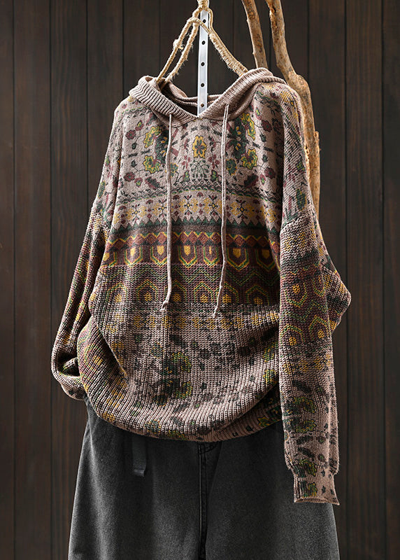 Boho Khaki Hooded Print Cotton Knit Sweater Tops Spring