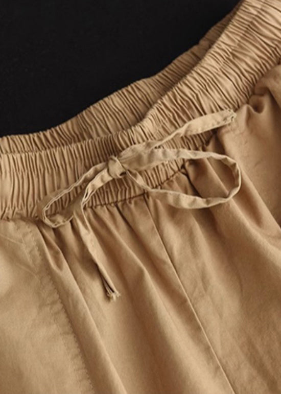 Boho Khaki Pockets Patchwork Elastic Waist Cotton Shorts Summer