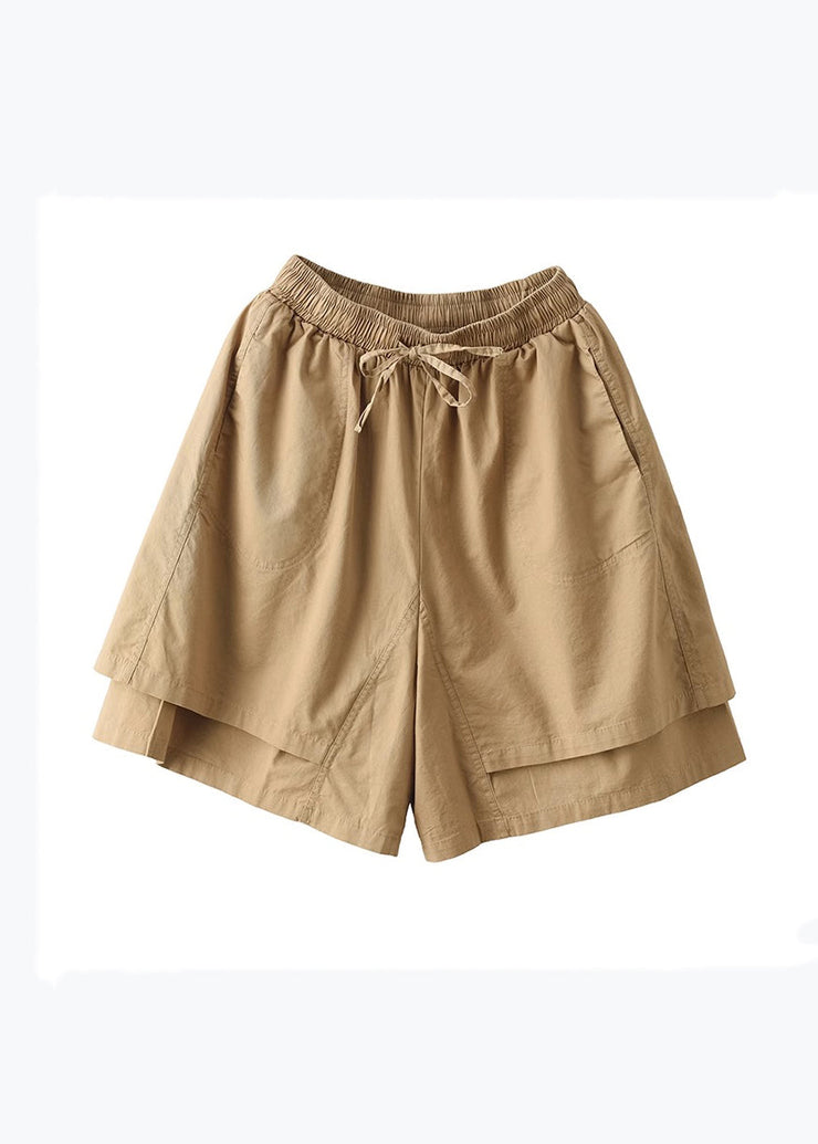 Boho Khaki Pockets Patchwork Elastic Waist Cotton Shorts Summer