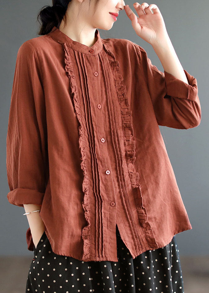 Boho Khaki Ruffled Solid Color Cotton Shirt Tops Spring