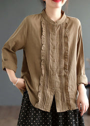 Boho Khaki Ruffled Solid Color Cotton Shirt Tops Spring