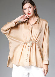 Boho Khaki Solid Peter Pan Collar Drawstring Silk Shirt Tops Long Sleeve