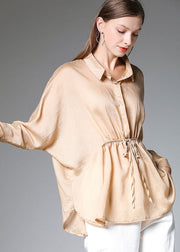 Boho Khaki Solid Peter Pan Collar Drawstring Silk Shirt Tops Long Sleeve